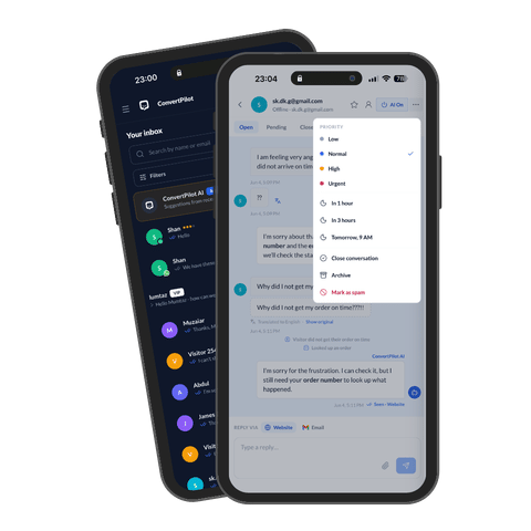 ConvertPilot mobile app showing the inbox in dark mode and a customer conversation with priority and snooze controls.