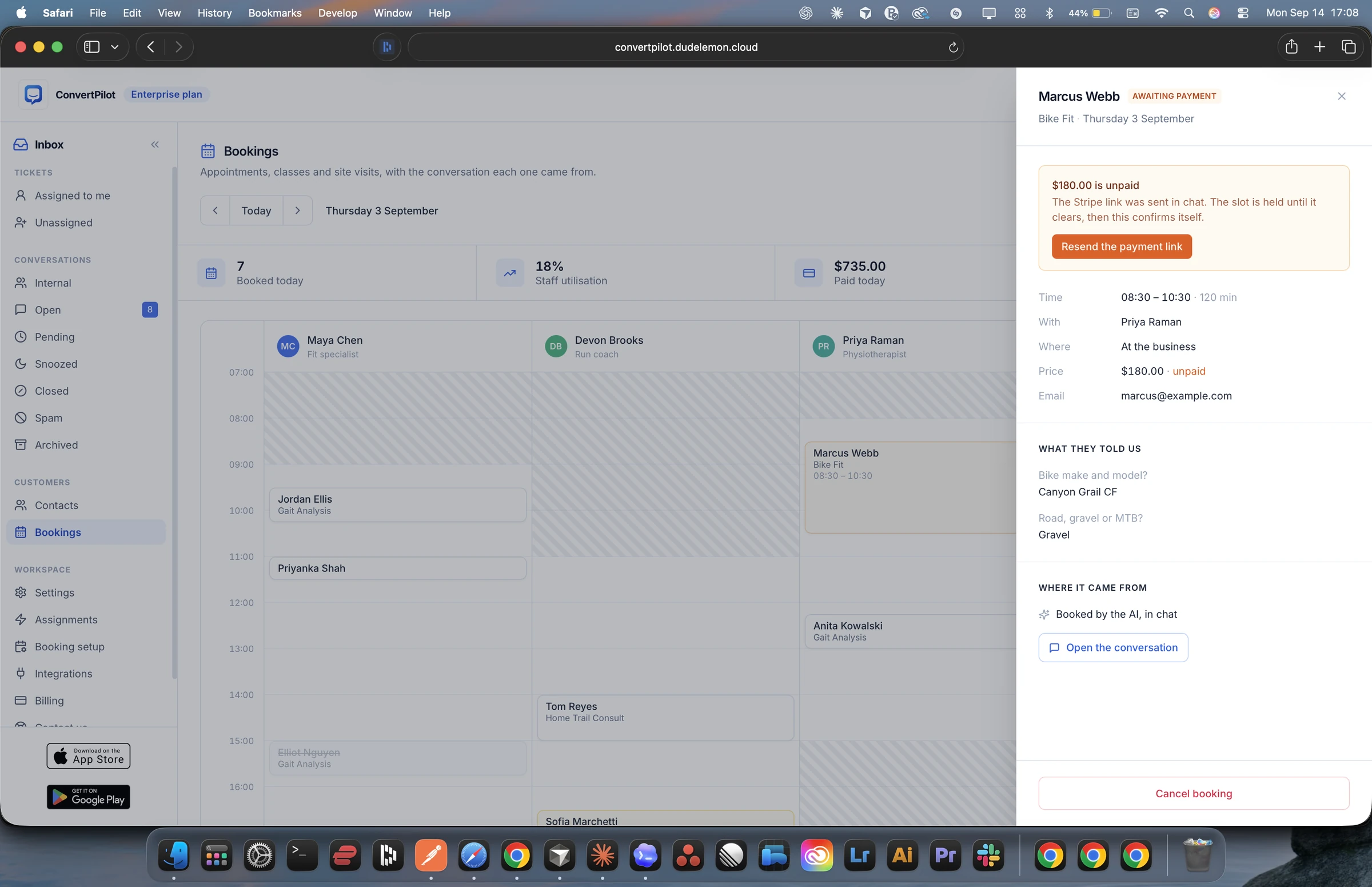 Bookings — real ConvertPilot demo workspace