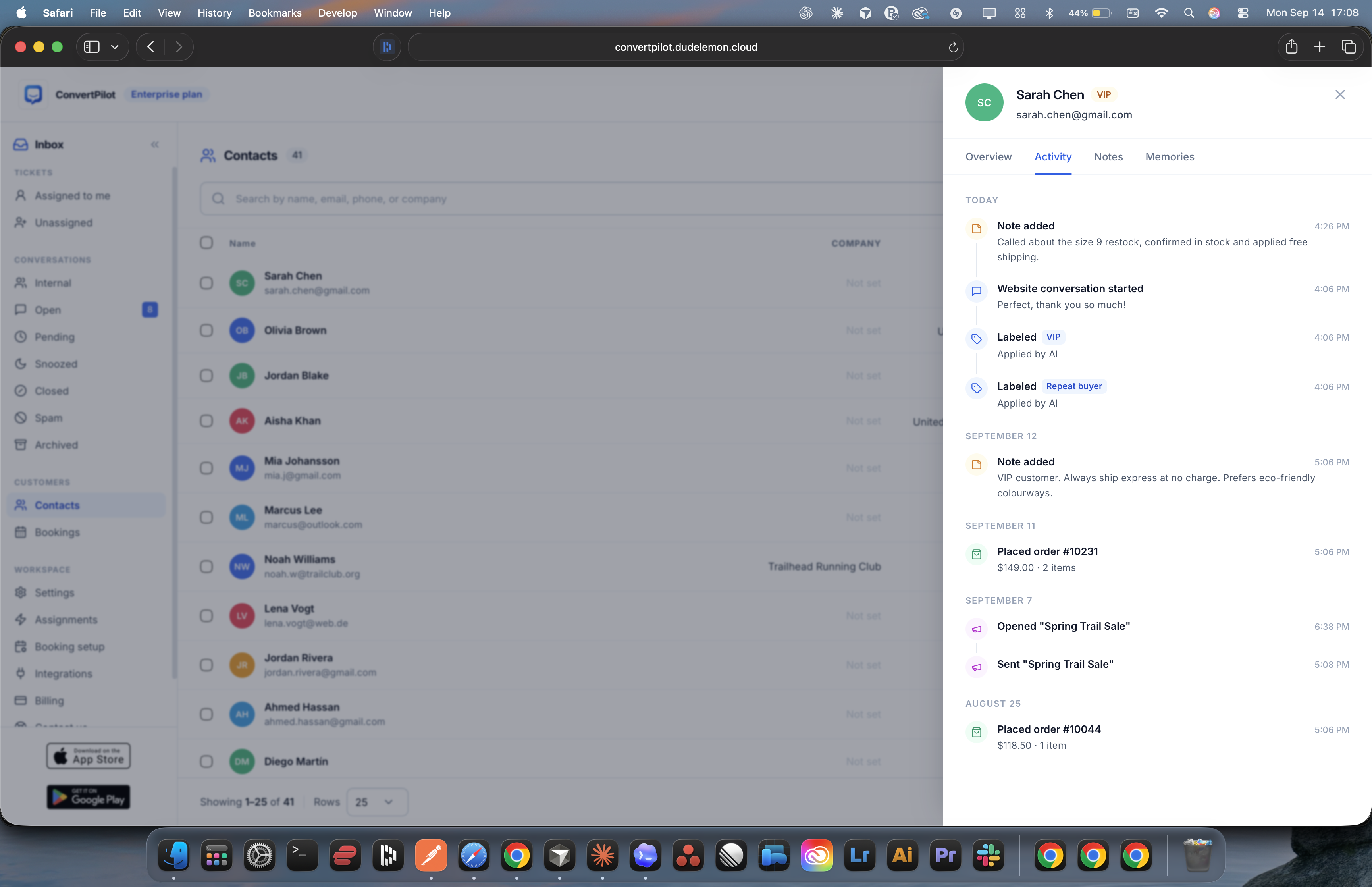 Customer contacts across channels — real ConvertPilot demo workspace