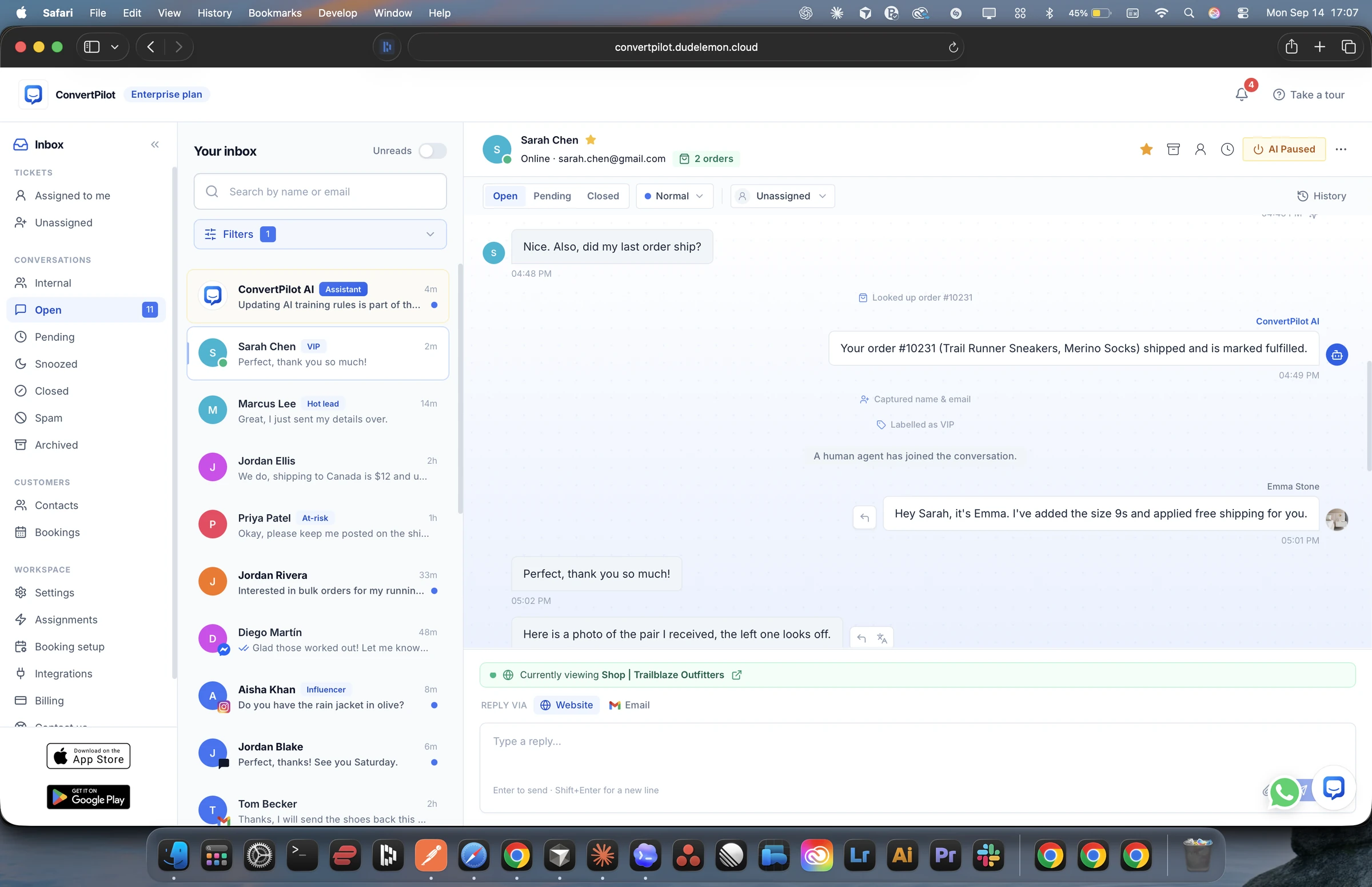 The ConvertPilot console showing an order looked up inside a conversation — real ConvertPilot demo workspace