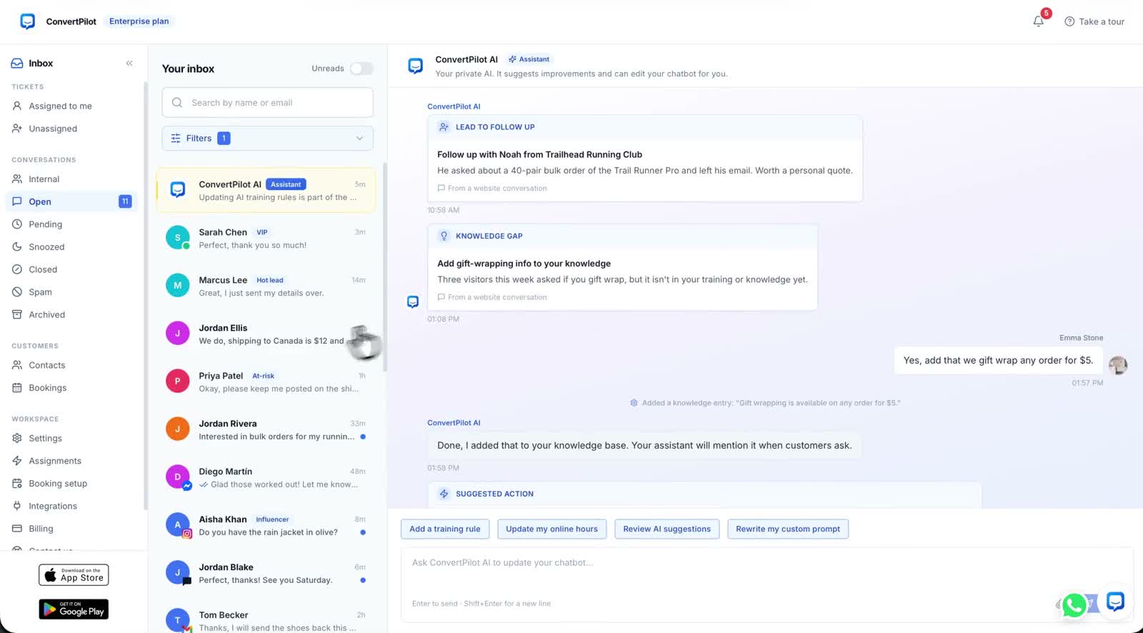ConvertPilot product tour showing an AI assistant conversation in the store workspace.